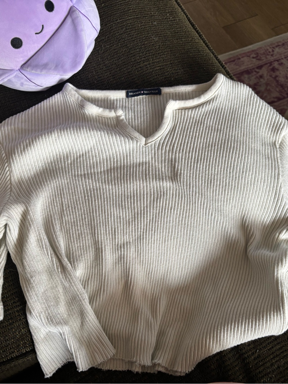 Brandy Melville Off-White Ribbed V-Notch Sweater